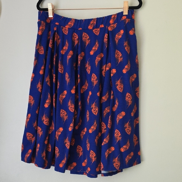 LuLaRoe Blue Skirt with Orange Feather Pattern - Picture 1 of 5